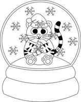 boule de neige de noël avec tigre et canne en bonbon. dessiner une illustration en noir et blanc vecteur