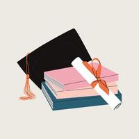 chapeau de graduation sur la pile de livres avec diplôme. pile de livres, encyclopédies, concept d'éducation et de réussite, bibliothèque universitaire, connaissances académiques et scolaires. illustration de dessin animé plat dessiné à la main. vecteur