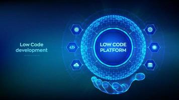 plate-forme à faible code. concept de technologie de développement à faible code. codage lcdp facile. sphère de grille hexagonale dans la main filaire sur fond bleu. illustration vectorielle. vecteur