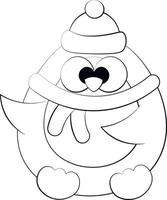 pingouin de dessin animé mignon en couvre-chef et écharpe. dessiner une illustration en noir et blanc vecteur