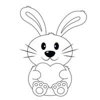 lapin de dessin animé mignon avec coeur. dessiner une illustration en noir et blanc vecteur