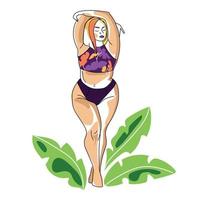 illustration vectorielle de belle figure féminine isolée sur fond blanc. modèle de logo vectoriel en style linéaire minimal simple. femme curvy en maillot de bain avec dessin d'éléments botaniques. positivité du corps