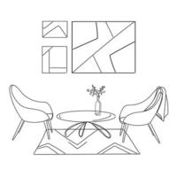 design d'intérieur avec salon moderne deux fauteuils et une table en croquis de ligne noire sur fond blanc, illustration vectorielle. conception de meubles d'art minimal vecteur
