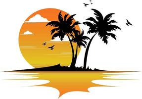 un paysage du coucher du soleil de couleur dorée et son reflet sur la surface de l'eau .avec l'ombre des palmiers et des oiseaux