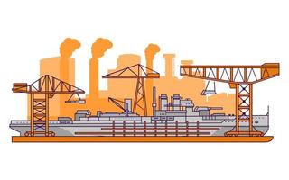 chantier naval militaire factory.warship flat line art vector.battleship avec une tour d'artillerie avec des fusils. vecteur