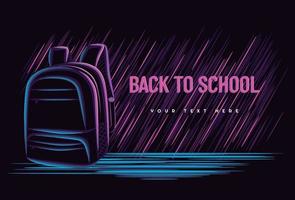 illustration graphique vectoriel du concept de retour à l'école avec style d'enseigne au néon d'art de ligne de sac scolaire sur fond sombre. bon pour la bannière, la page de destination, l'affiche, le dépliant