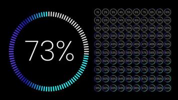 ensemble de compteurs de pourcentage de cercle de gradient de 0 à 100 pour infographie, interface utilisateur de conception d'interface utilisateur. camembert coloré téléchargeant la progression du violet au blanc sur fond blanc. schéma circulaire. vecteur