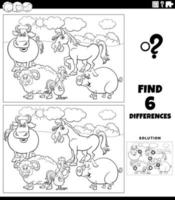 jeu de différences avec la page de livre de coloriage d'animaux de ferme de dessin animé vecteur