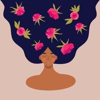 notion de santé mentale. fille afro souriante avec des pivoines dans les cheveux. la pensée positive est une façon de penser. pivoines comme symbole de pensées positives. illustration vectorielle plate. vecteur