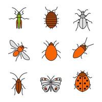 ensemble d'icônes de couleur d'insectes. sauterelle, cloportes, carabe, abeille, acarien, cafard, papillon, coccinelle. illustrations vectorielles isolées