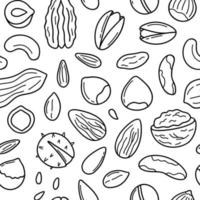 modèle sans couture dessiné à la main de doodle de noix et de graines. amande, noisette, pistache, macadamia, noix de cajou, noix en style croquis. illustration vectorielle vecteur