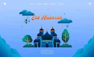 concept de voeux eid mubarak avec illustration de la mosquée pour le modèle de page de destination web, la bannière, la présentation, les médias sociaux et imprimés. illustration vectorielle de conception plate islamique eid fitr ou adha vecteur