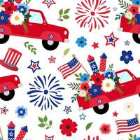 Camionnette de la fête de l'indépendance du 4 juillet avec motif harmonieux de fleurs, de craquelins et de cierges magiques. isolé sur fond blanc. fête de l'indépendance américaine, conception sur le thème des vacances du 4 juillet. vecteur
