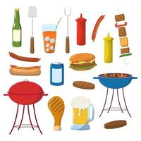 équipement de barbecue de dessin animé, éléments de pique-nique barbecue en plein air. saucisses grillées, viande, légumes, boissons, nourriture pour l'ensemble de vecteurs de fête de grill d'été. ustensiles de cuisine et viande