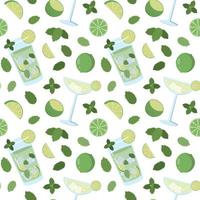 cocktail mojito avec feuilles de menthe et citron vert. modèle sans couture d'été de dessin animé. isolé sur fond blanc. conception pour papier, papier peint, textile et emballage. vecteur