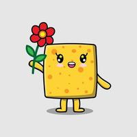 personnage de fromage de dessin animé mignon tenant une fleur rouge vecteur