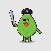 mignon, dessin animé, mascotte, caractère, feuille verte, pirate vecteur