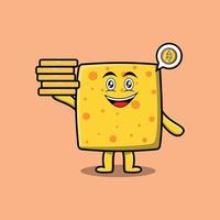 personnage de fromage de dessin animé mignon tenant en illustration vectorielle de pièce d'or empilée vecteur