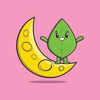 feuille verte de dessin animé mignon debout sur un croissant de lune vecteur