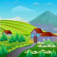illustration vectorielle de paysage rural. extérieur des maisons de campagne. chalets sur la nature. paysage de champ et de ciel bleu. maison de campagne. vecteur