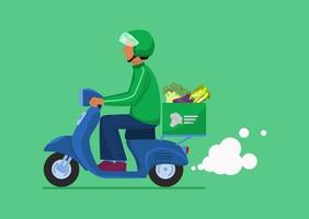 moto de livraison de légumes. coursier conduit une moto livrant des légumes au client vecteur