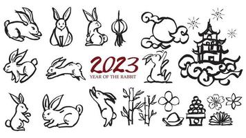 année du lapin 2023, coups de pinceau chinois, lapin et château lune et offrandes vecteur