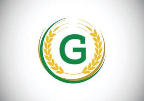 lettre initiale g signe symbole avec couronne d'épis de blé. concept de conception de logo de culture de blé biologique. modèle vectoriel de conception de logo agricole.