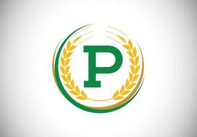 lettre initiale p signe symbole avec couronne d'épis de blé. concept de conception de logo de culture de blé biologique. modèle vectoriel de conception de logo agricole.