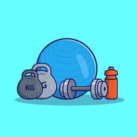 illustration d'icône de vecteur de dessin animé d'haltères, d'haltères, de bouteilles et de fitness ball. sport sain icône concept isolé vecteur premium. style de dessin animé plat