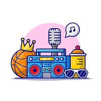 musique hip hop avec illustration d'icône vectorielle de dessin animé de basket-ball, boombox, lunettes, couronne et microphone. art sport icône concept isolé vecteur premium. style de dessin animé plat