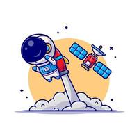 astronaute mignon volant avec illustration d'icône de vecteur de dessin animé fusée et satellite. concept d'icône de technologie scientifique isolé vecteur premium. style de dessin animé plat