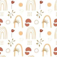 motif boho abstrait sans couture avec feuilles tropicales, lignes, ovales, arc-en-ciel et points. illustration vectorielle de couleurs beige, vert et marron pour les textiles. vecteur