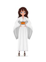 femmes dans un long kimono de soie blanche, kimono d'été, vêtements de maison en soie, robes de mariée de demoiselle d'honneur, robe naturelle. isolé. vecteur. vecteur