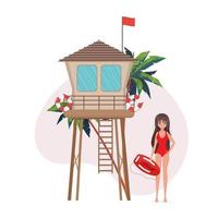 une femme près d'une bouée de sauvetage. fille de sauveteur de plage en maillot de bain. pour les bannières. style dessin animé animé. illustration vectorielle vecteur