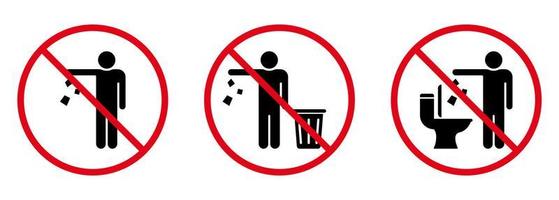 ne jetez pas de déchets dans l'icône de silhouette de signe de toilette. interdit de jeter des ordures, déchets, symbole des ordures. avertissement veuillez déposer la litière dans l'icône de la corbeille. garder le pictogramme de glyphe propre. illustration vectorielle isolée. vecteur