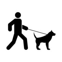 homme marche avec chien en laisse icône silhouette noire. garçon avec chiot heureux domestique marchant dans le pictogramme de glyphe du parc de la ville. marcheur avec symbole plat de chien de compagnie mammifère. illustration vectorielle isolée. vecteur