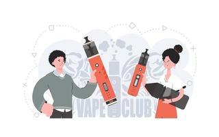 une fille et un gars tiennent un système de vapotage dans leurs mains. style plat. le concept de vapeur et vape. illustration vectorielle. vecteur