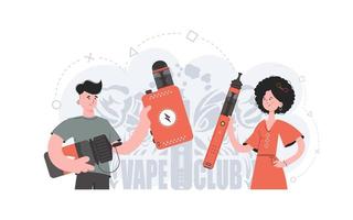 la fille et le gars tiennent une cigarette électronique dans leurs mains. style plat. le concept de vapeur et vape. illustration vectorielle. vecteur