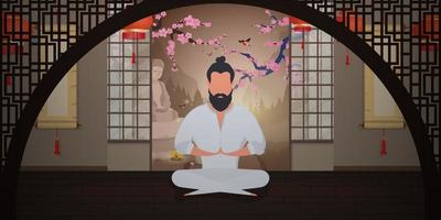 un moine médite dans une chambre de style japonais. un samouraï pratiquant la méditation ou le yoga. style bande dessinée. illustration vectorielle. vecteur