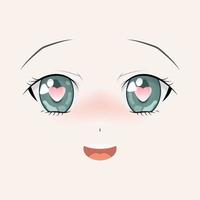 visage d'anime heureux. style manga grands yeux verts, petit nez et bouche kawaii. illustration vectorielle dessinés à la main. isolé sur blanc. vecteur