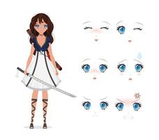 fille avec un katana dans une robe blanche. femme samouraï anime. constructeur d'émotions. isolé, style cartoon, illustration vectorielle. vecteur