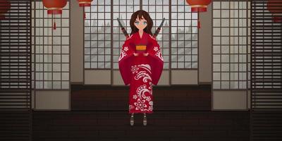 femmes dans un long kimono de soie rouge et un katana sur le dos. vecteur