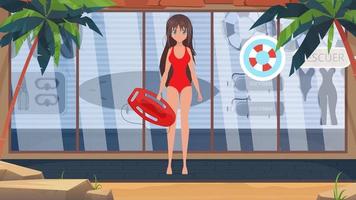 une sauveteuse en maillot de bain rouge tient une planche dans ses mains. style de dessin animé, illustration vectorielle. vecteur