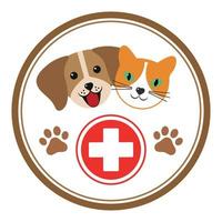emblème vétérinaire chien et chat en cercle avec une croix médicale et des pattes vecteur