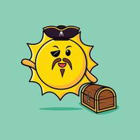 pirate du soleil dessin animé mignon avec boîte au trésor vecteur