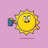 personnage de mascotte de dessin animé soleil avec verre à bière vecteur