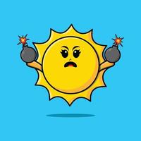 joli dessin animé soleil tenir une bombe avec une expression effrayée vecteur