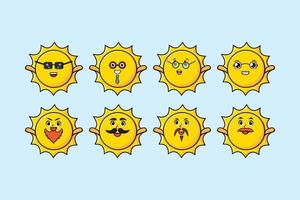 Set kawaii sun cartoon avec différentes expressions vecteur