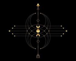 totem doré, géométrie sacrée, flèche mystique et croissant de lune, lignes pointillées dorées dans le style bohème, icône wiccan, talisman magique mystique ésotérique alchimie. vecteur d'occultisme spirituel isolé sur noir