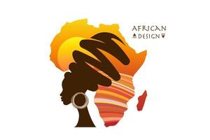 mère patrie de l'afrique, portrait de femme africaine en turban ethnique, silhouette, paysage coucher de soleil carte continent afrique. design afro, vecteur de bannière de logo tribal safari isolé sur fond blanc